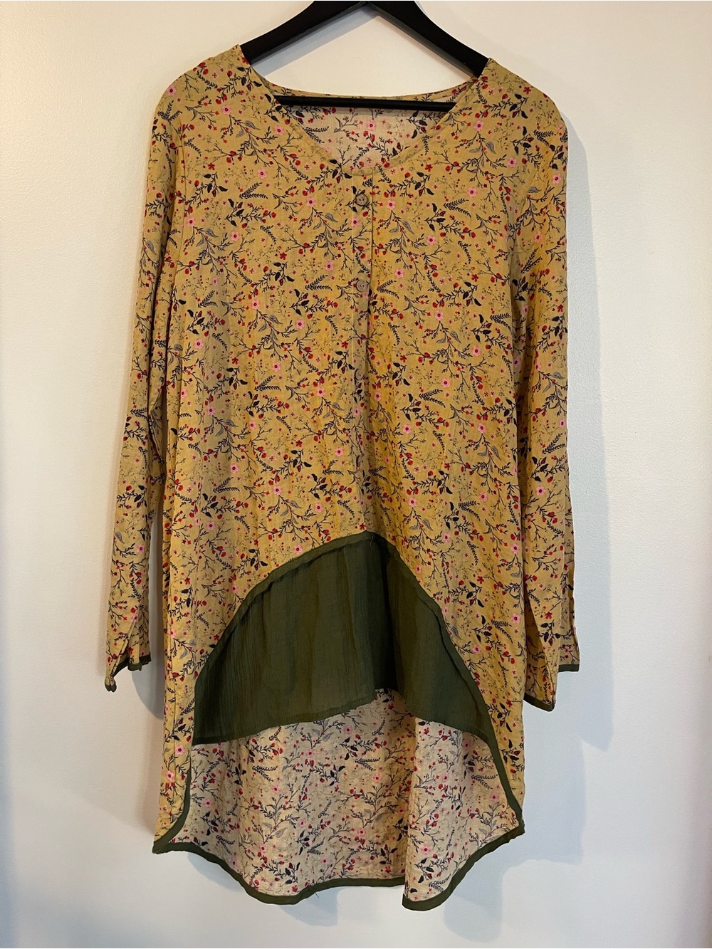 Floral High Low Tunic Top Long Sleeve Layered Hem Yellow Green Size XXL